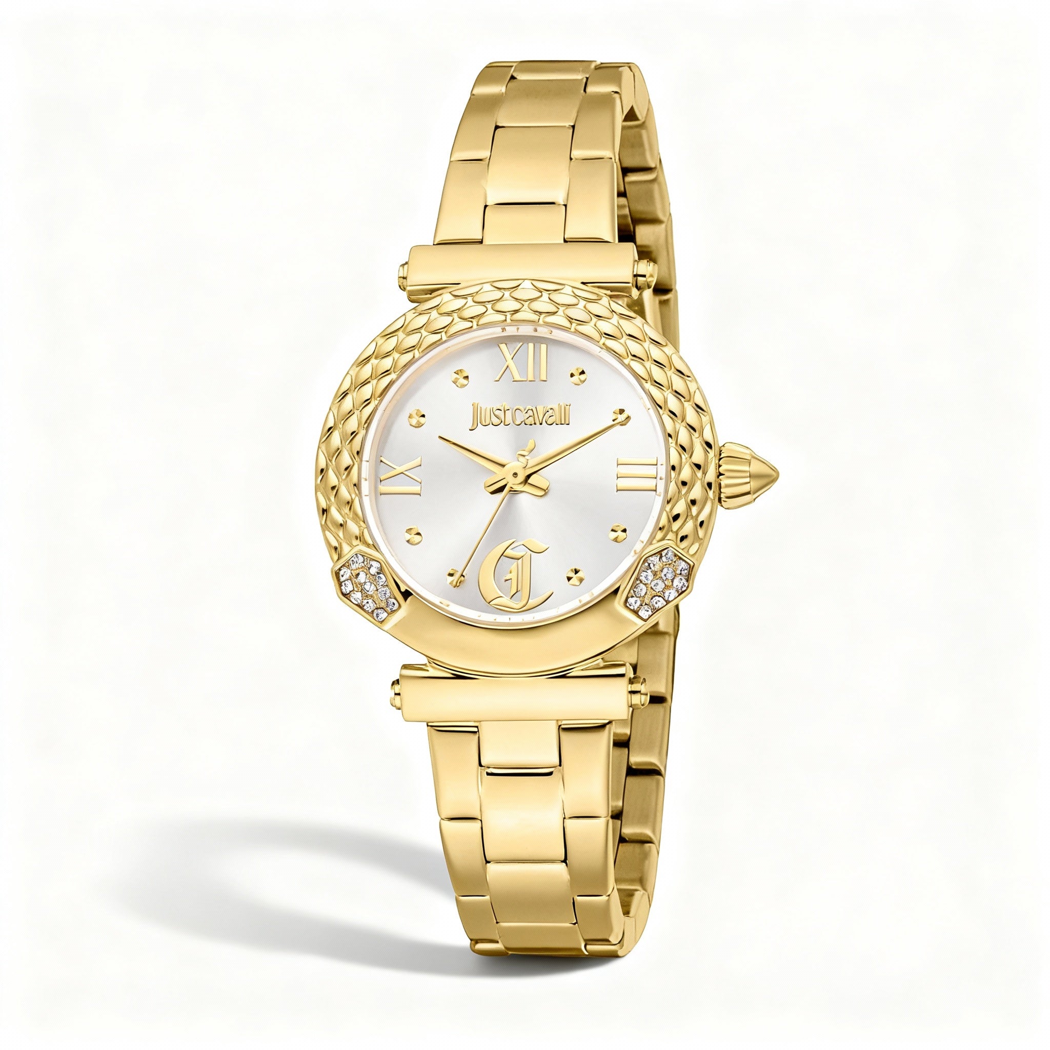 Just Cavalli Watch & Bracelet Set, Women's Yellow Gold SS, Silver Grey Dial, 24 Gemstones, 30mm Quartz