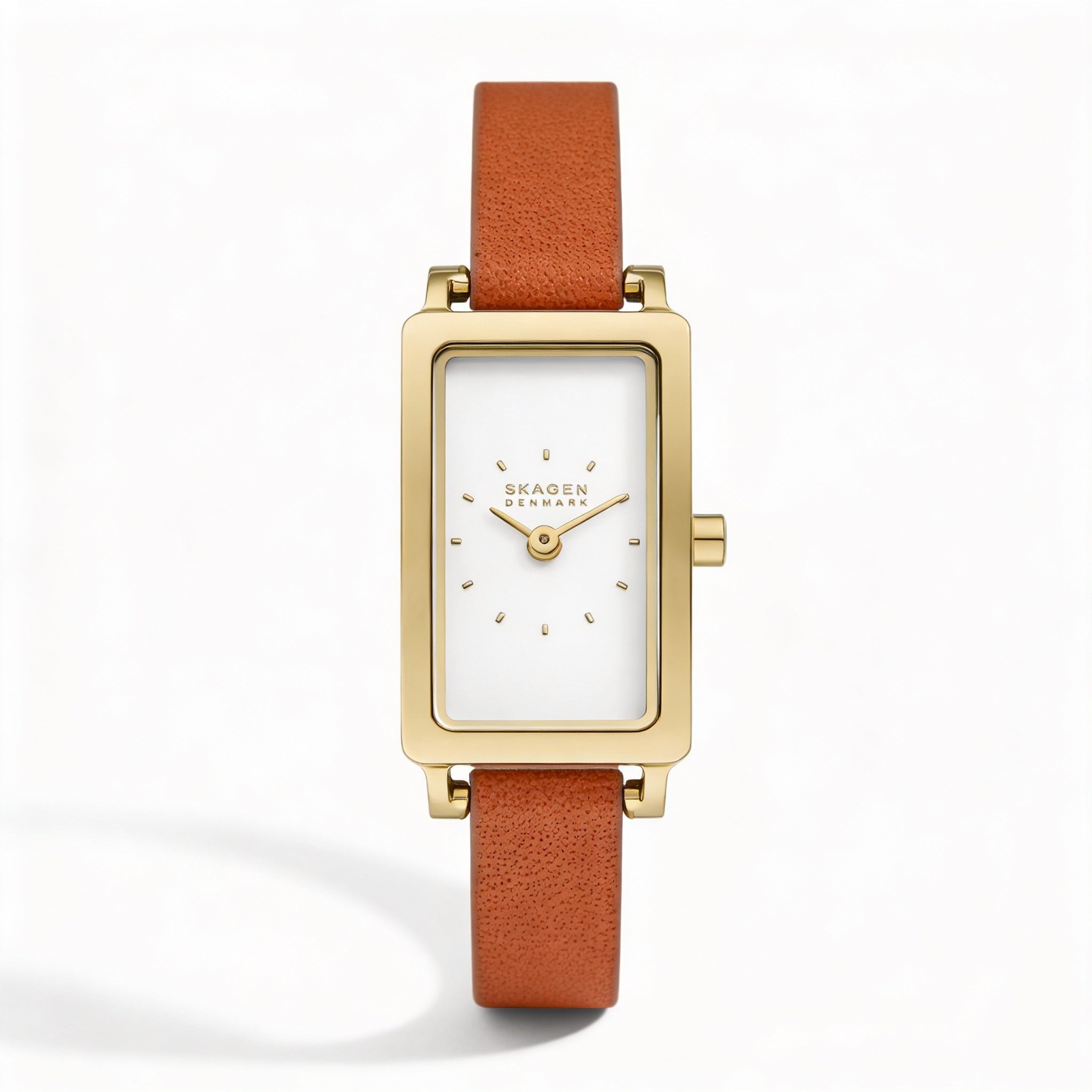 SKAGEN DENMARK Hagen Lille Women's Gold Stainless Steel Rectangle Case Brown Leather 22mm Quartz Watch