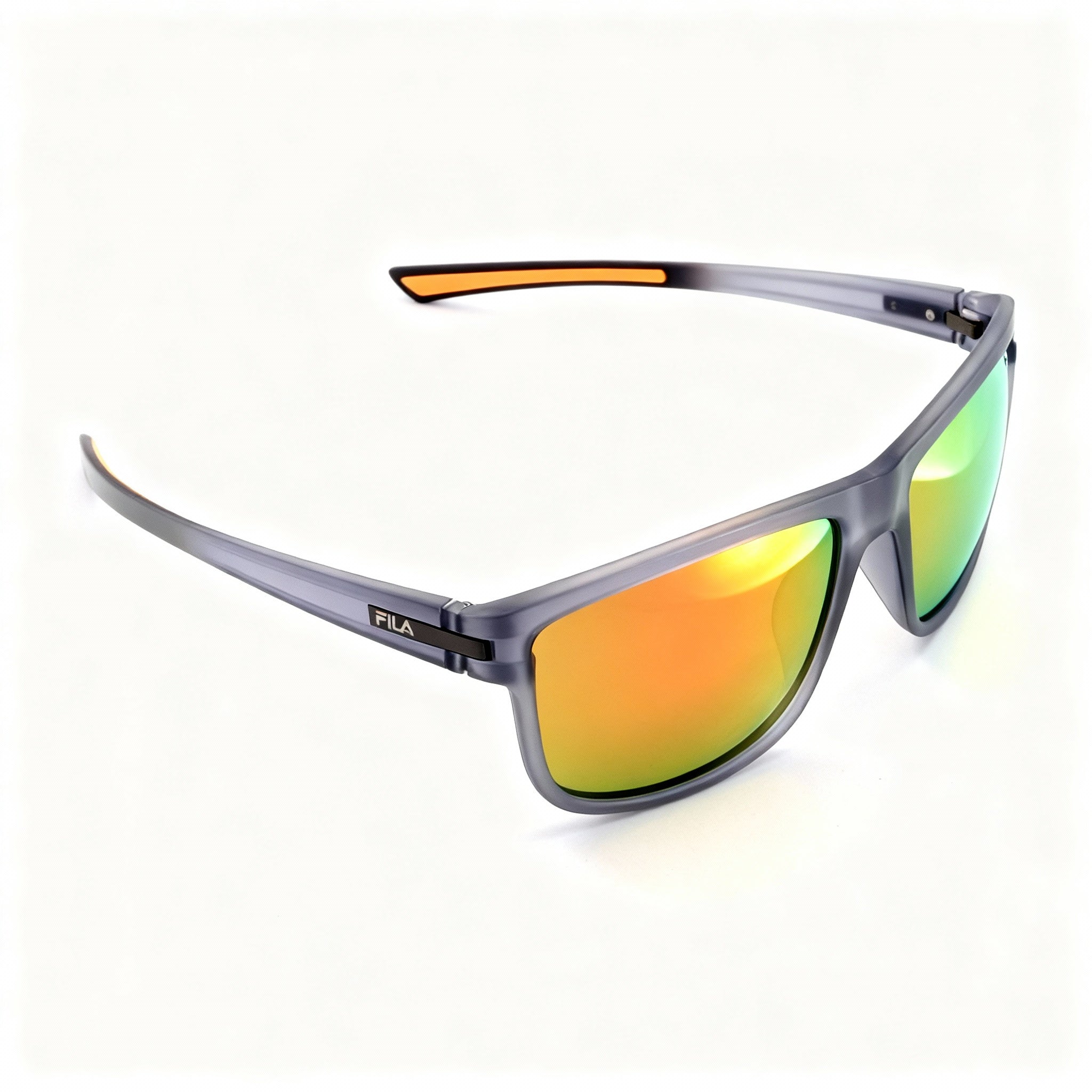 Fila SFI302 Men's Polarized Sunglasses, Transparent Grey Injection Moulding, Green Multilayer Orange, 57-16-140