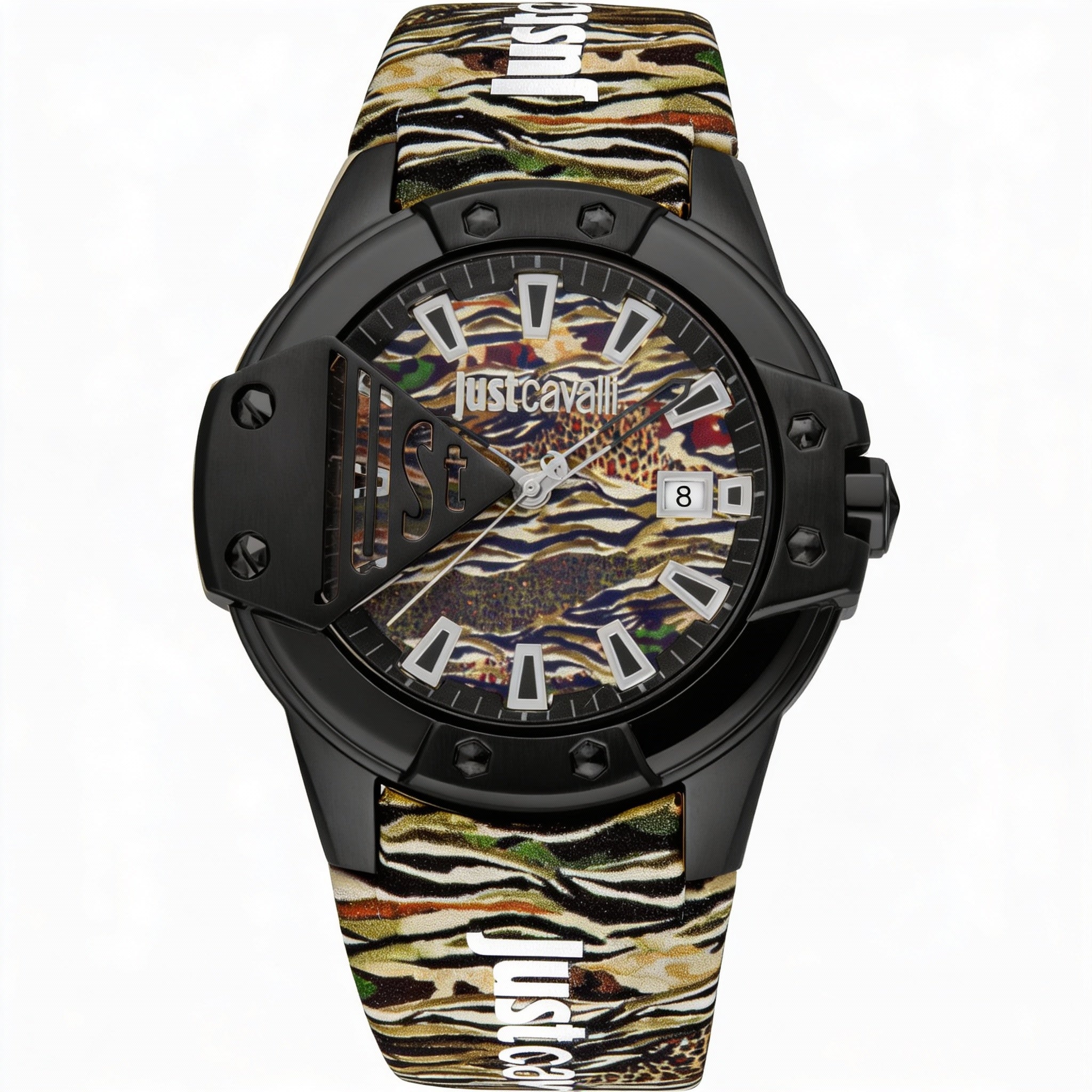 Just Cavalli Fashion Women's Waterproof Watch, Black Camouflage Stainless Steel Case with Leather Strap