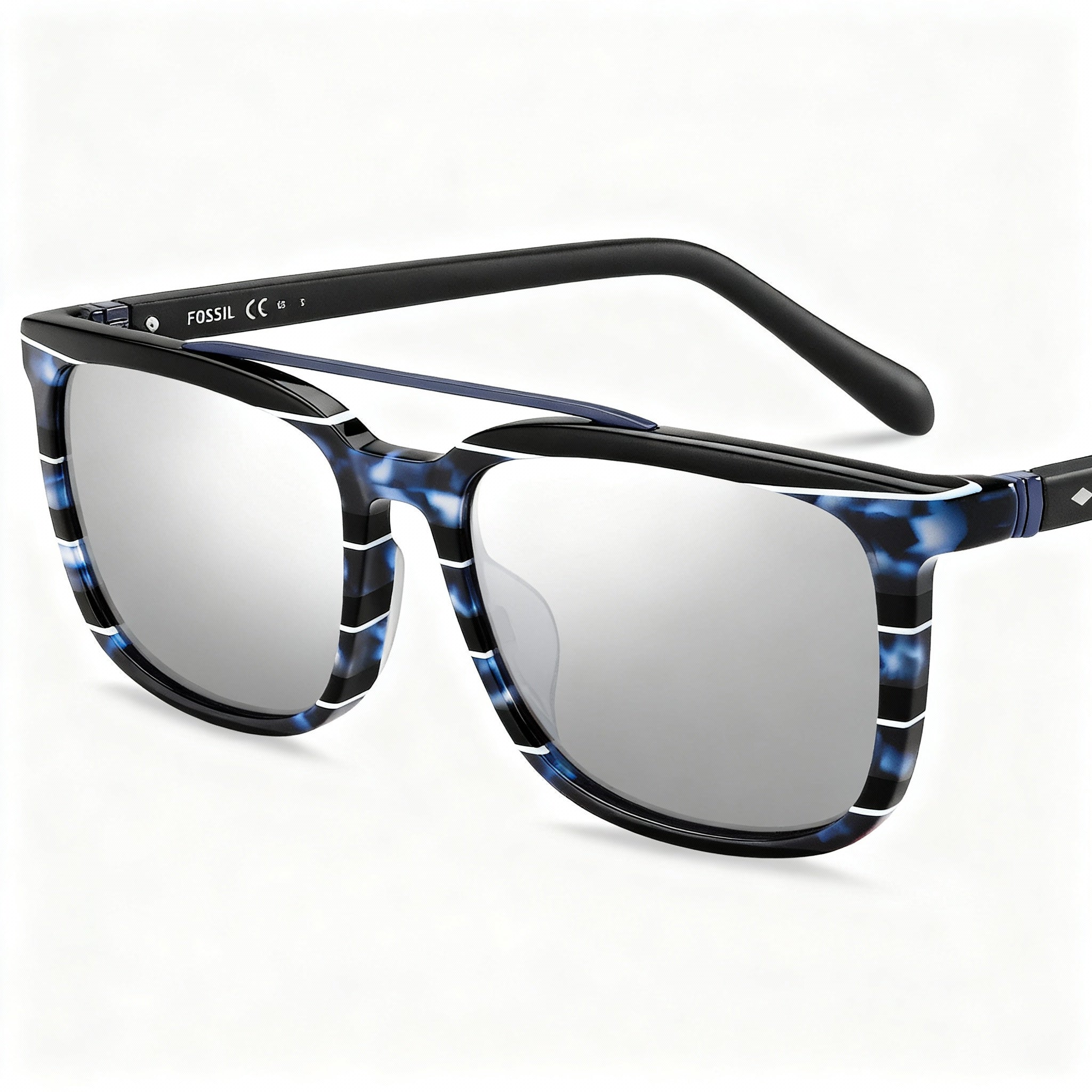 Fossil FOS 2090/S JBW/T4 Men's Pilot Acetate Sunglasses, Blue Havana Frame, Grey Mirror Non-Polarized Lenses 55-17-145