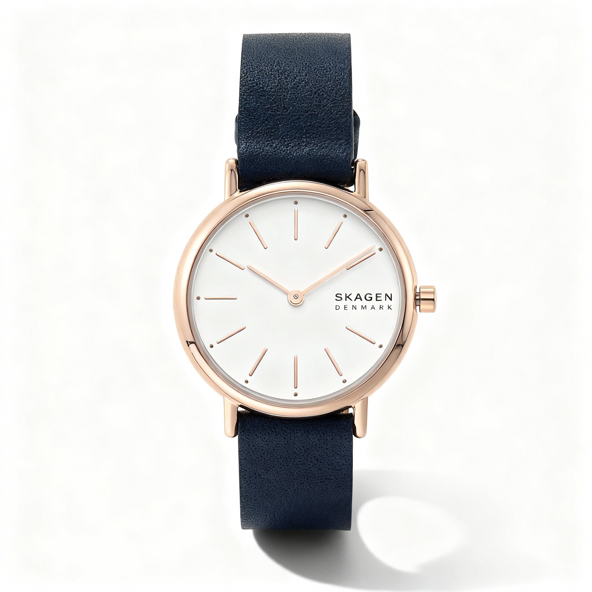 Reloj SKAGEN DENMARK Signatur Lille para mujer, 30 mm, acero inoxidable, oro rosa, cuero azul, esfera blanca