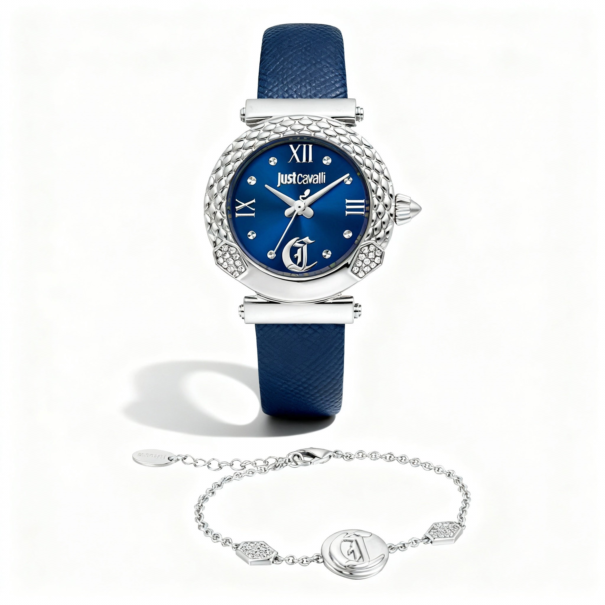 Just Cavalli Fashion Women's Round Silver Stainless Steel Case Midnight Blue Leather Quartz Watch 30mm Mineral Glass