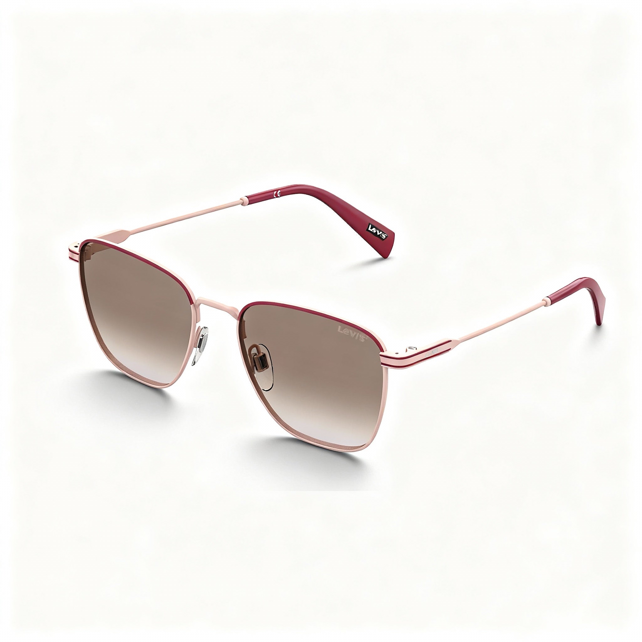 Levi's 1016 Rectangular Unisex Sunglasses, Stainless Steel, Burgundy Pink Frame, Brown Gradient Lens, 52-19-145