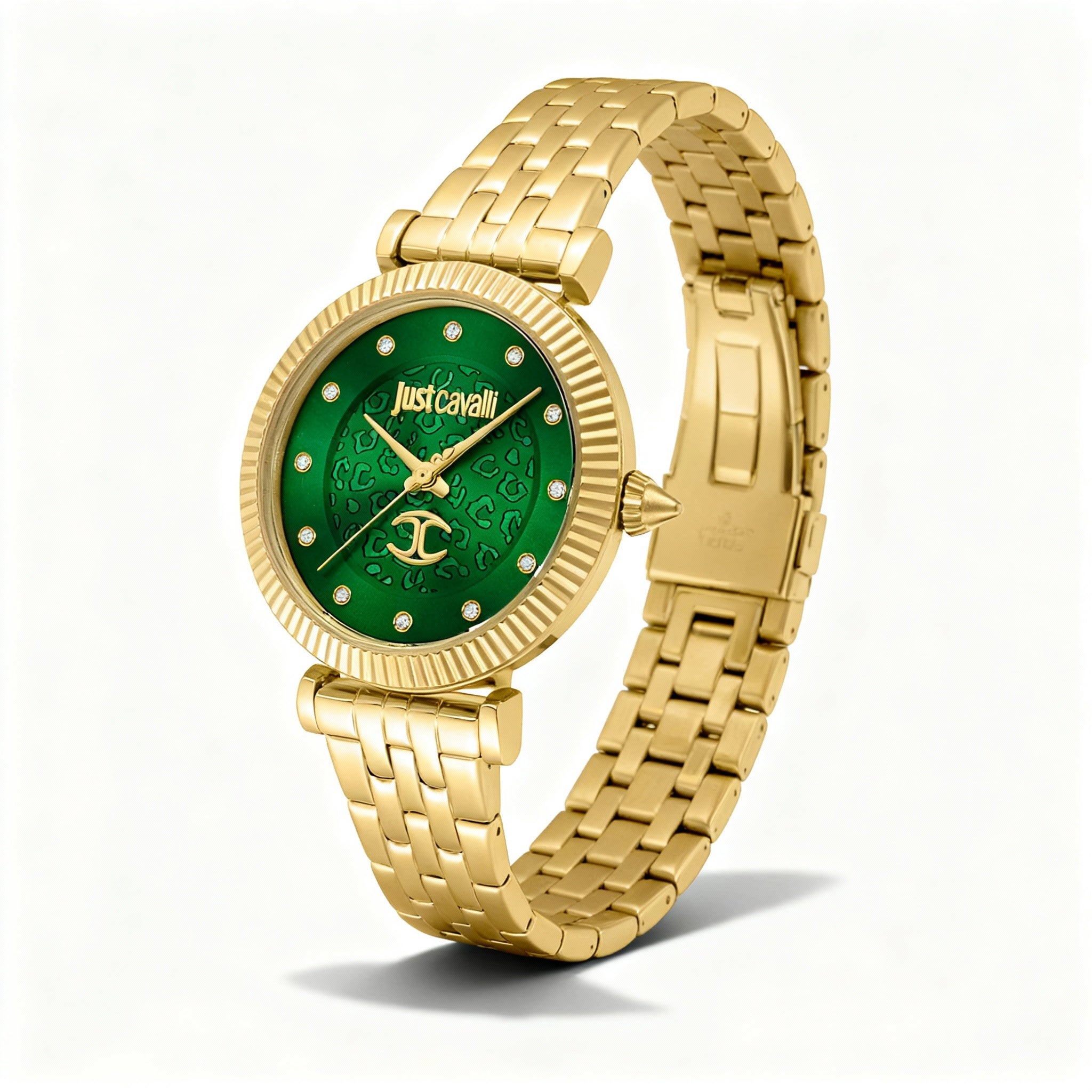 Just Cavalli Unleashed Women's Water Resistant Quartz Watch & Bracelet Set, Bottle Green & Yellow Gold