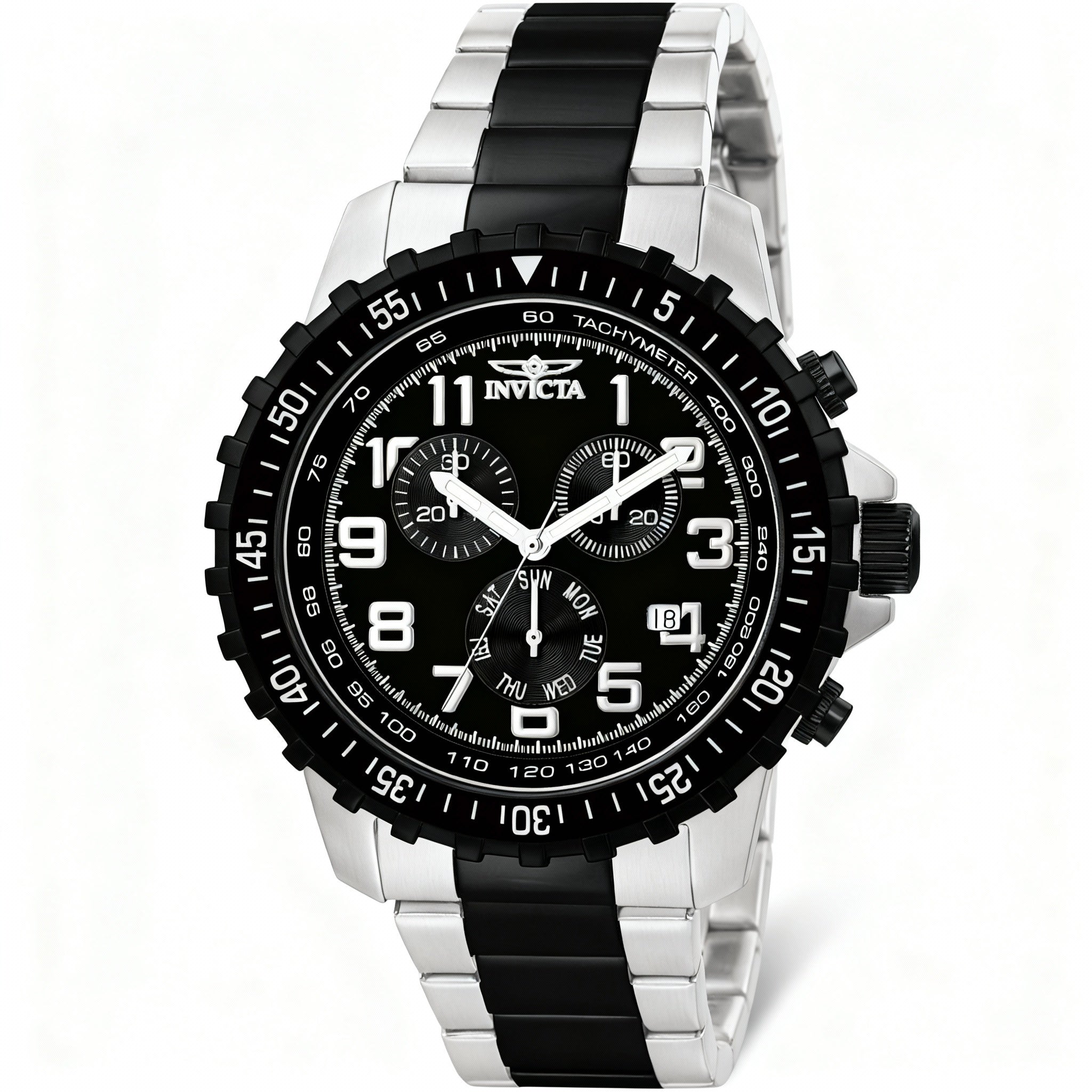 Invicta Chronograph Watch Men's Stainless Steel Flame-Fusion Crystal Silver Black 100M Water Resistant 45MM