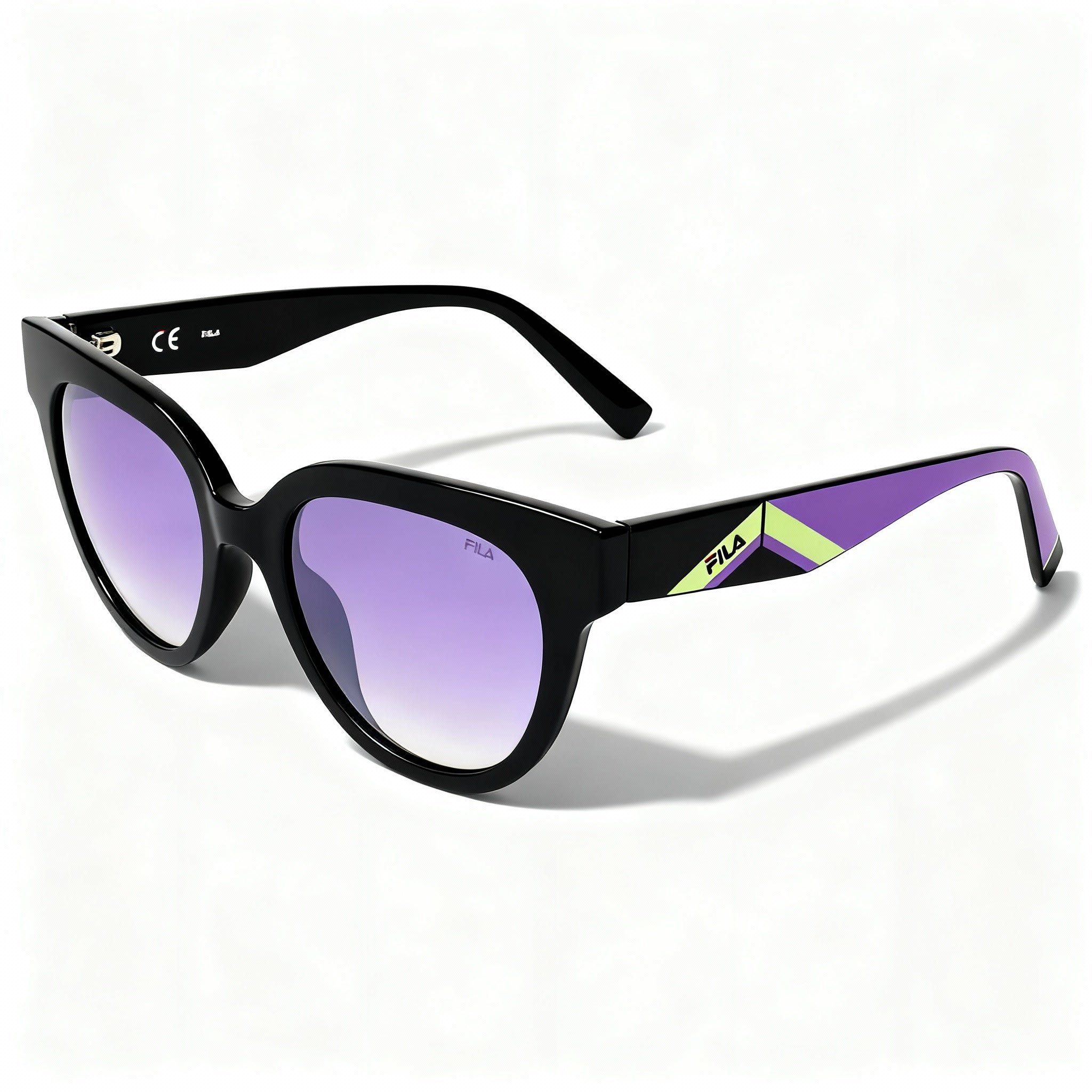 FILA SFI119V Women's Injected Shiny Black Frame Non-Polarized Sunglasses, Purple Gradient Mirror Silver Lenses 51mm