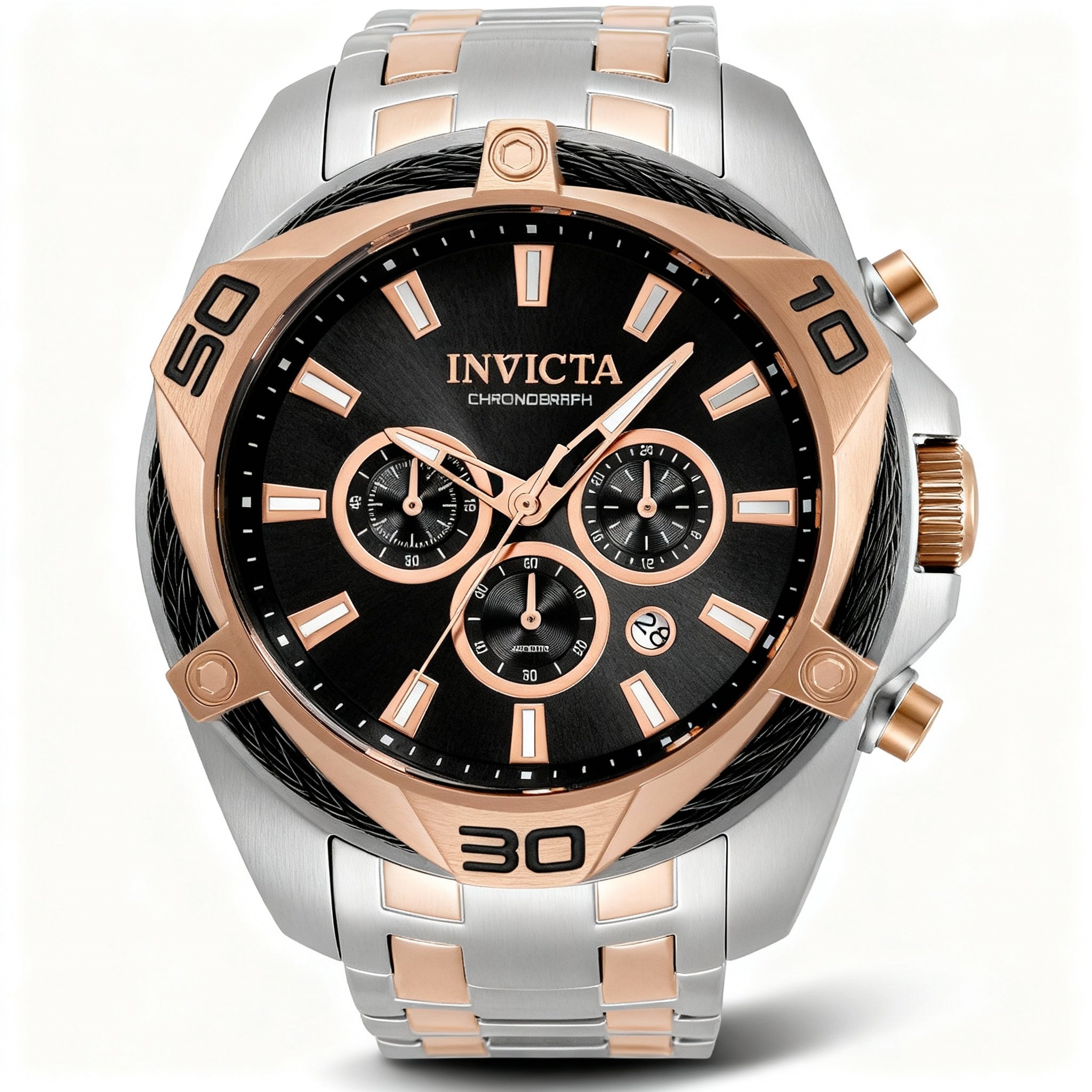 Invicta Bolt Men's Chronograph Black Dial Silver & Rose Gold Tone Stainless Steel Watch 50mm
