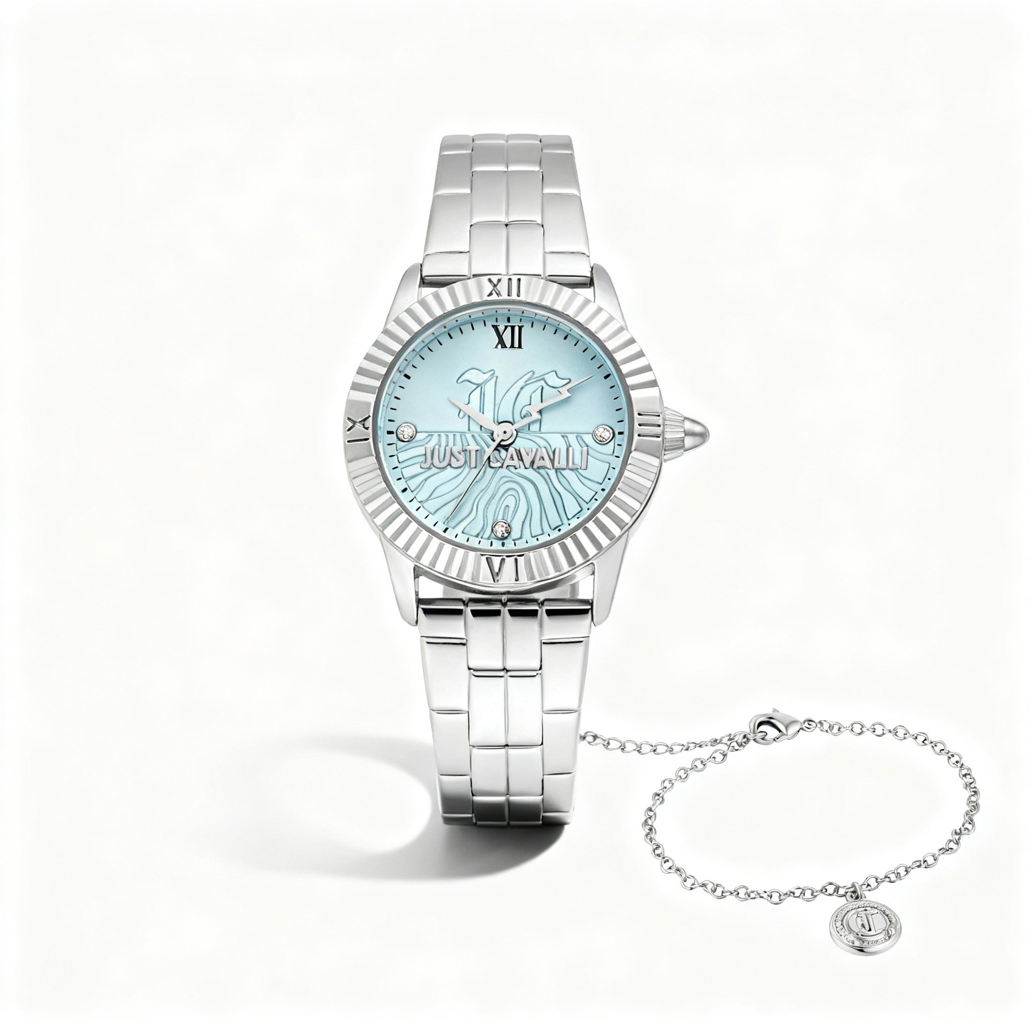Just Cavalli Fashion Women's Watch, Stainless Steel Silver Case & Strap, Turquoise Dial, Quartz Movement, 26mm