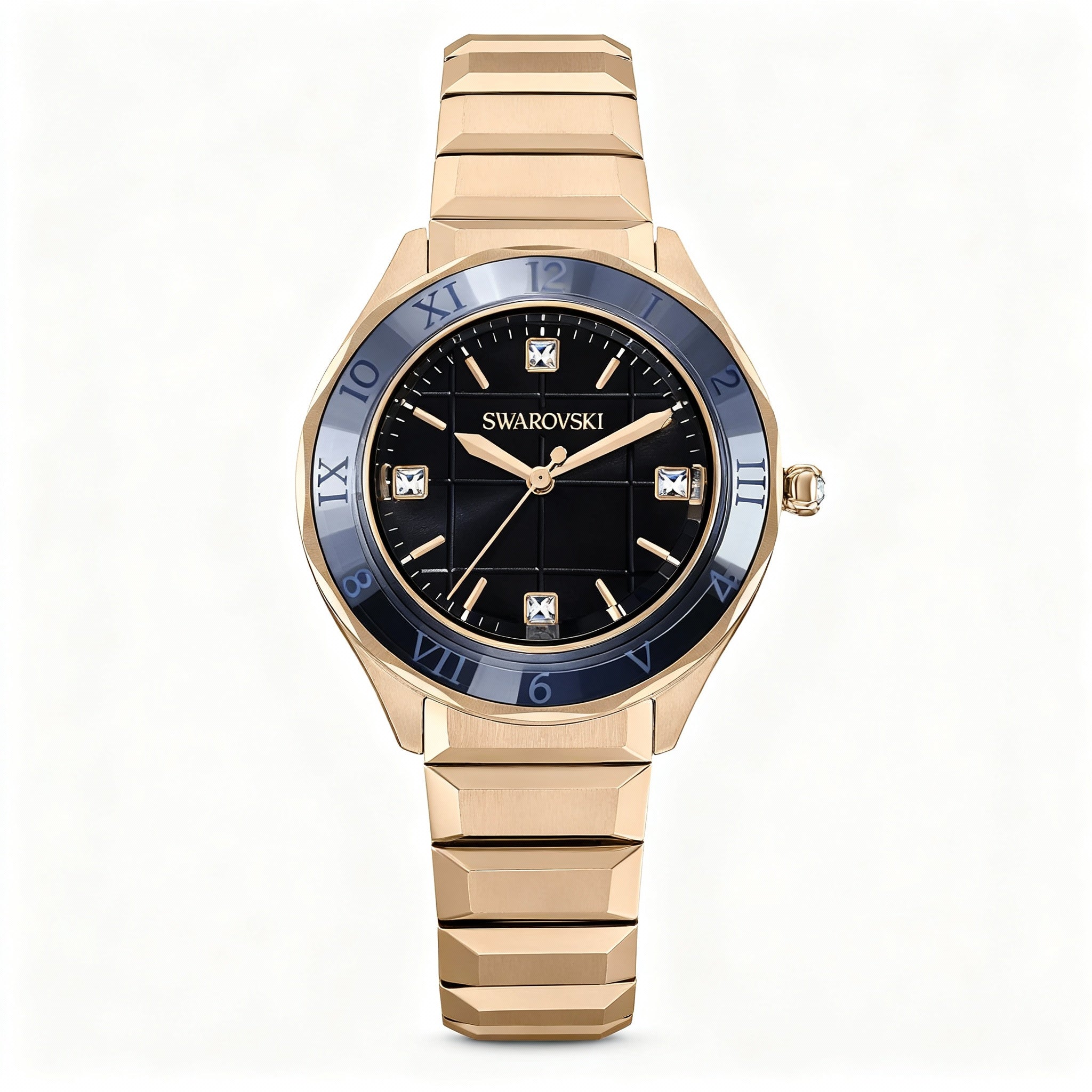 Swarovski Women's Dextera Watch Rose Gold Tone Metal Case & Strap with Black Crystal Face Glow In The Dark 6.25in Strap