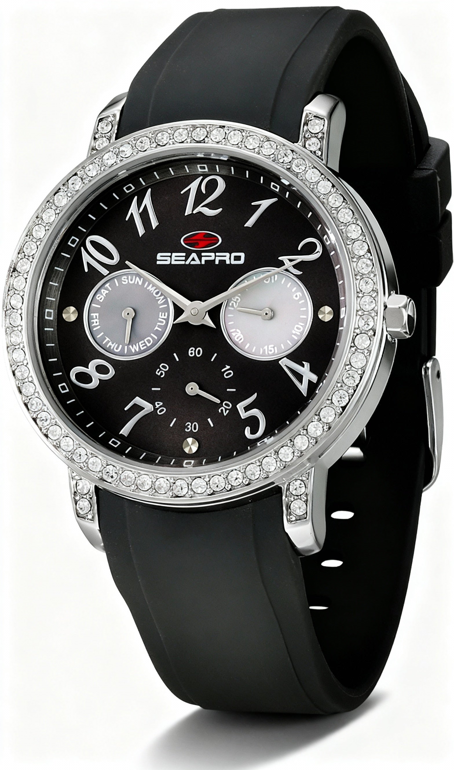 Seapro Casual Women's Stainless Steel Quartz Multifunction Watch, Grey Dial, D-Crystals Bezel, 50m WR