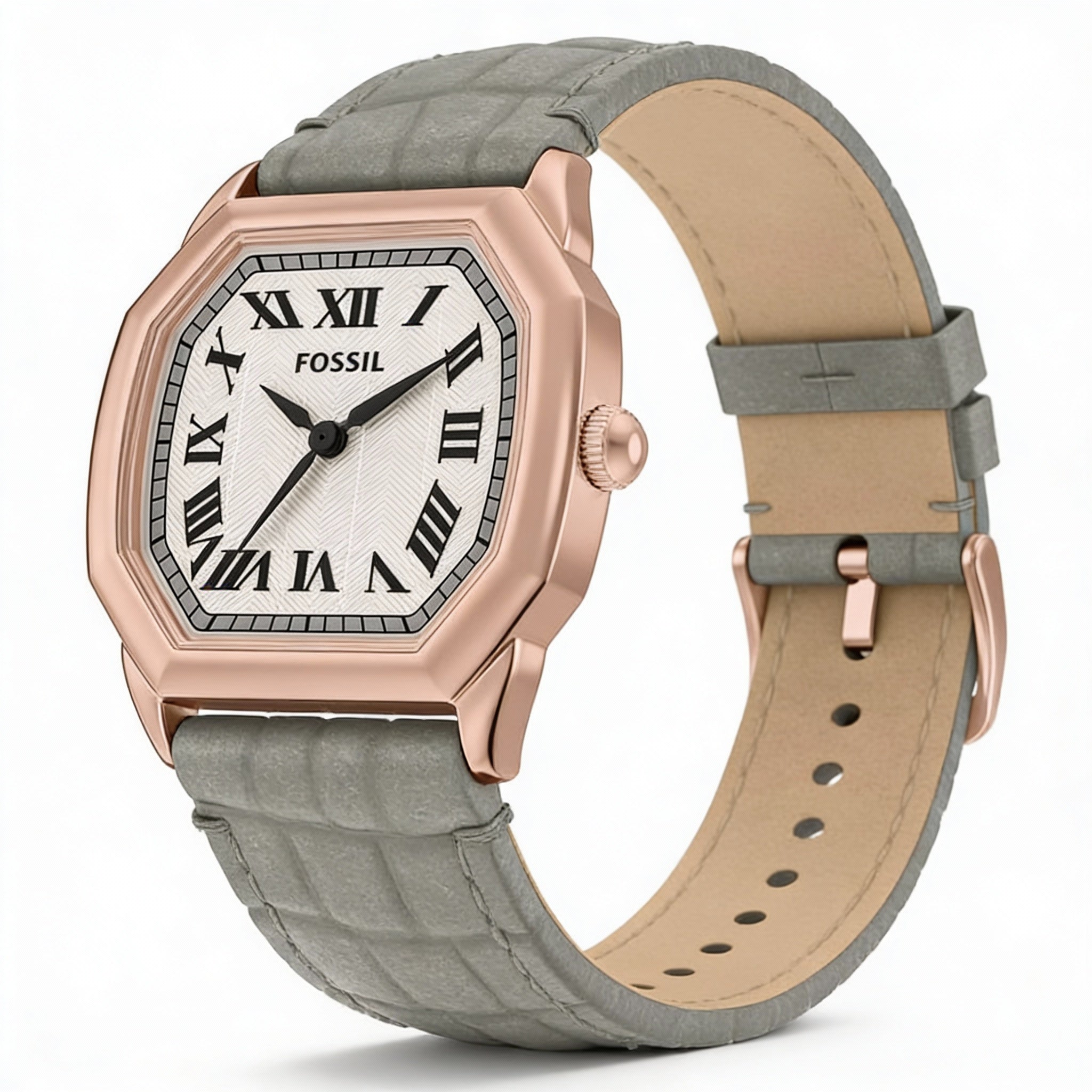 FOSSIL Strap Women's 27mm Rose Gold Stainless Steel Octagonal Case with Textured Dial and Gray Croco Leather Strap Watch