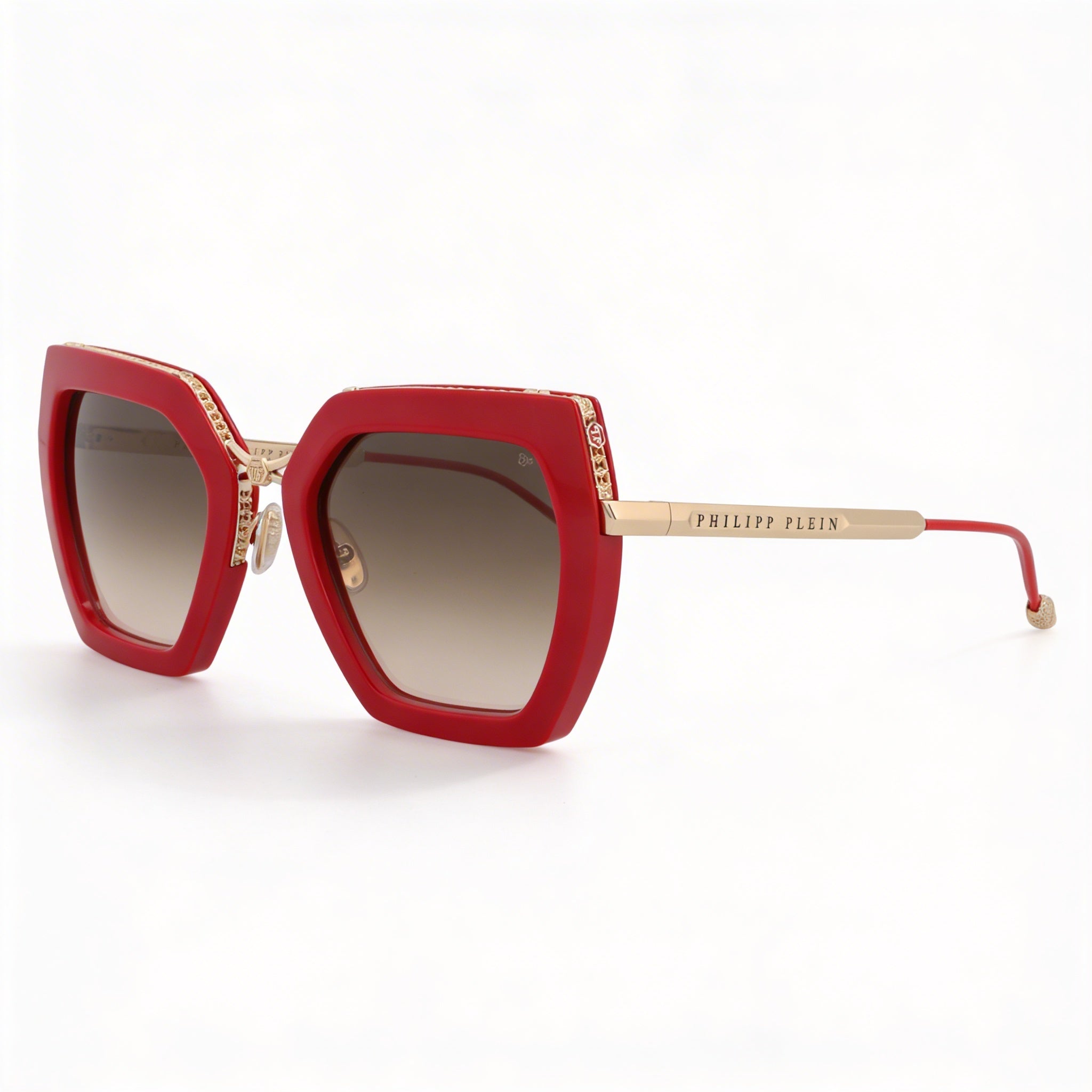 Philipp Plein Spp097s Women's Red Metal Non-Polarized UV Protection Sunglasses, Gradient Brown/Pink Lenses 53mm