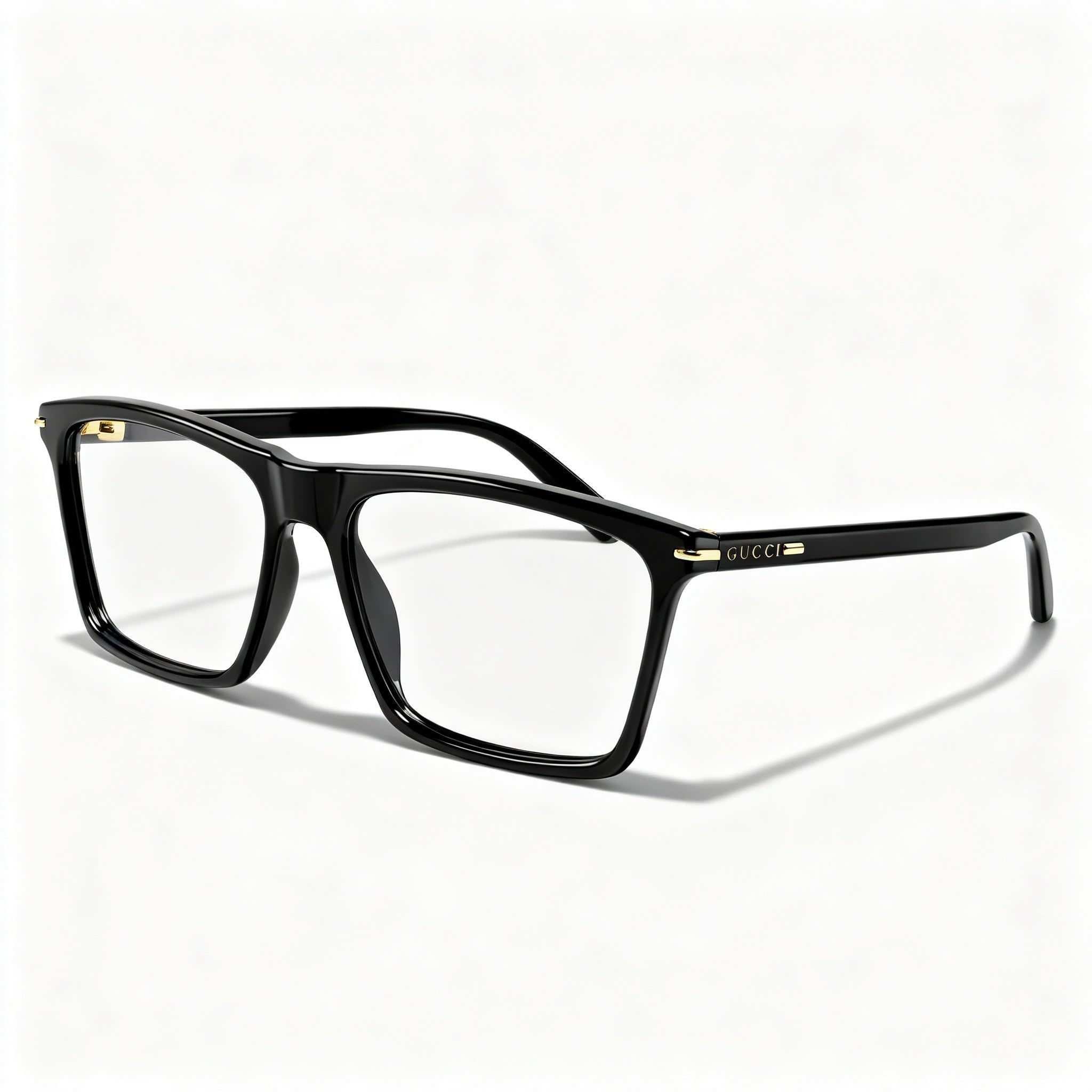 Gucci GG1445O Men's Rectangle Acetate Eyeglass Frames Black Gold, Clear Customisable Lens, 56-17-145