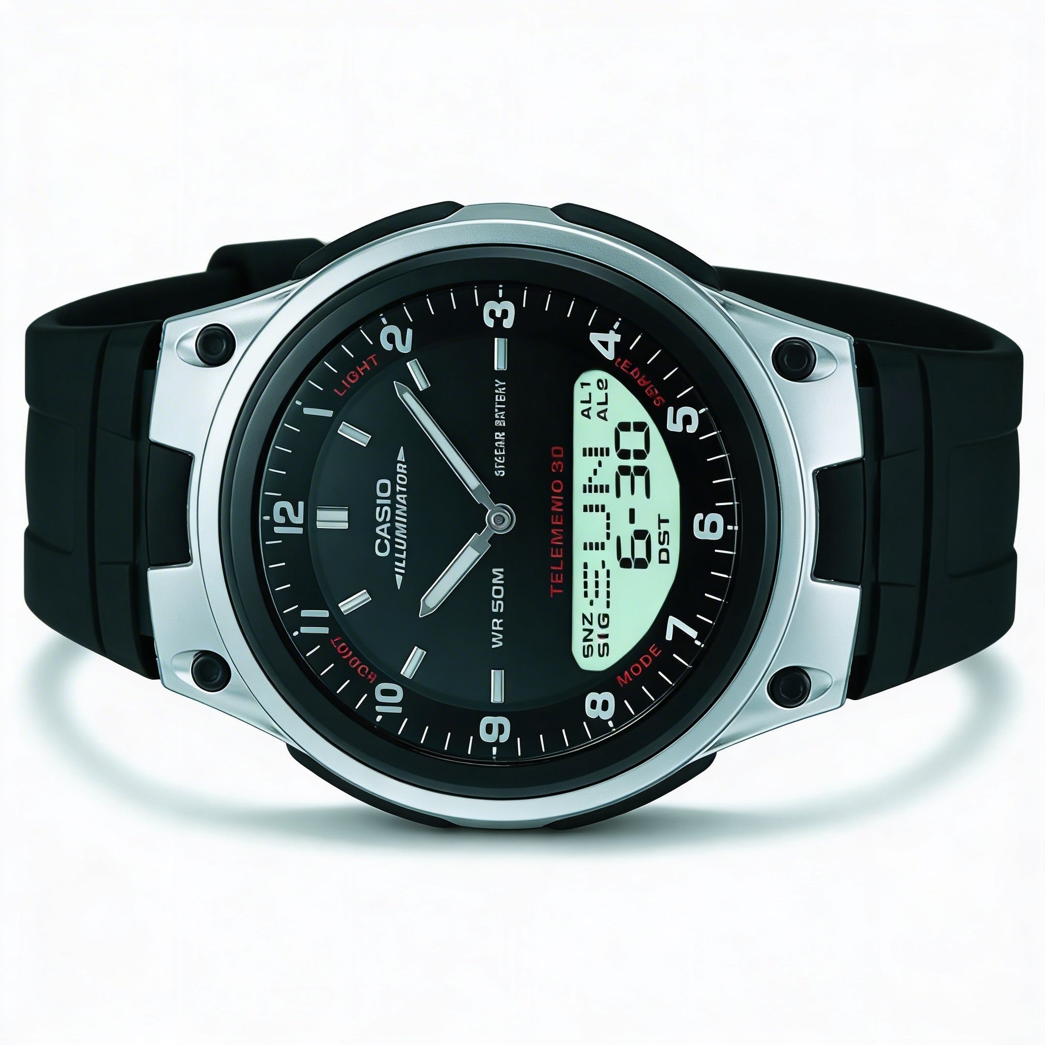 Casio AW-80-1AV Men's Black Casual Analog Digital World Time Watch with 10-Year Battery, 50m Water Resistant, LED Light