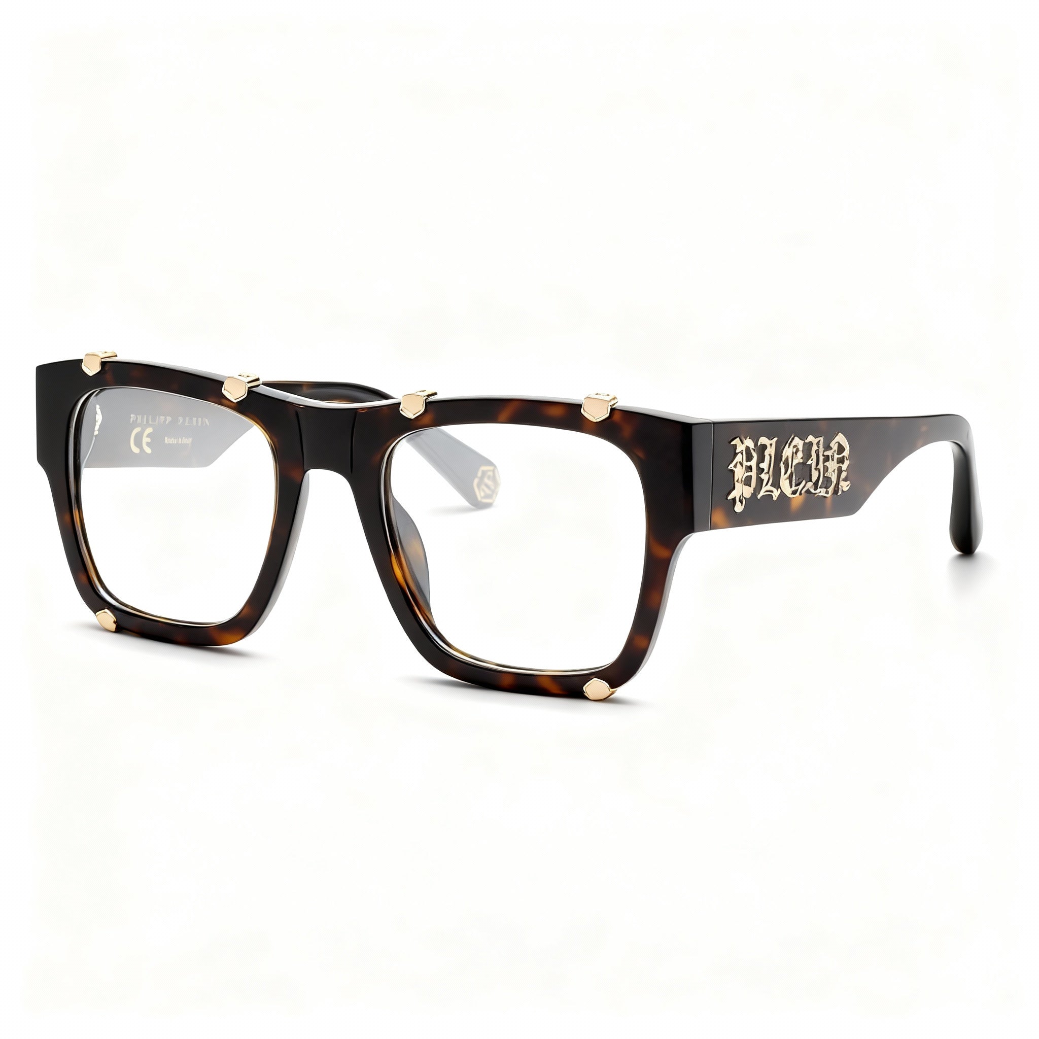 Philipp Plein VPP042W Men's Non-polarised Square Acetate Eyewear, Shiny Dark Havana, 54mm