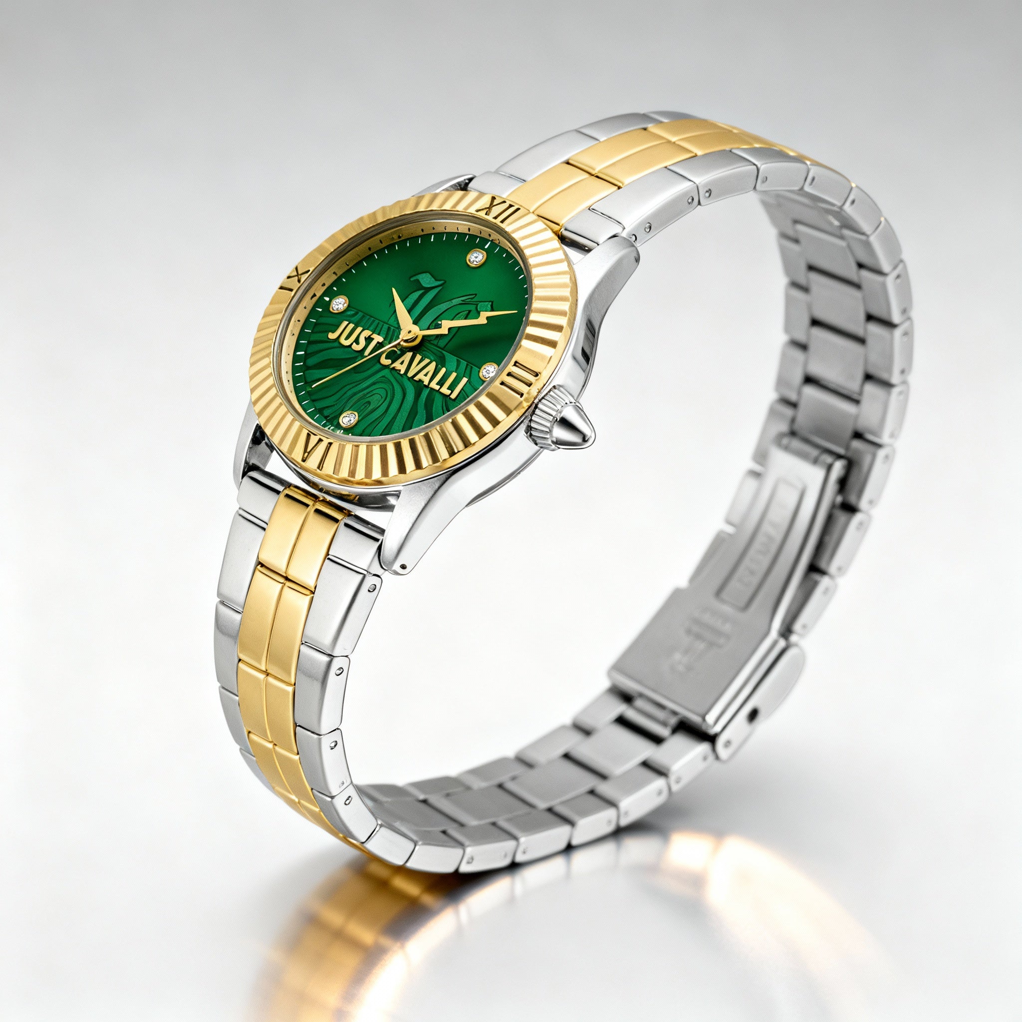 Just Cavalli Fashion Women's Bottle Green Dial Two Tone Silver & Gold Stainless Steel Quartz Watch 26mm