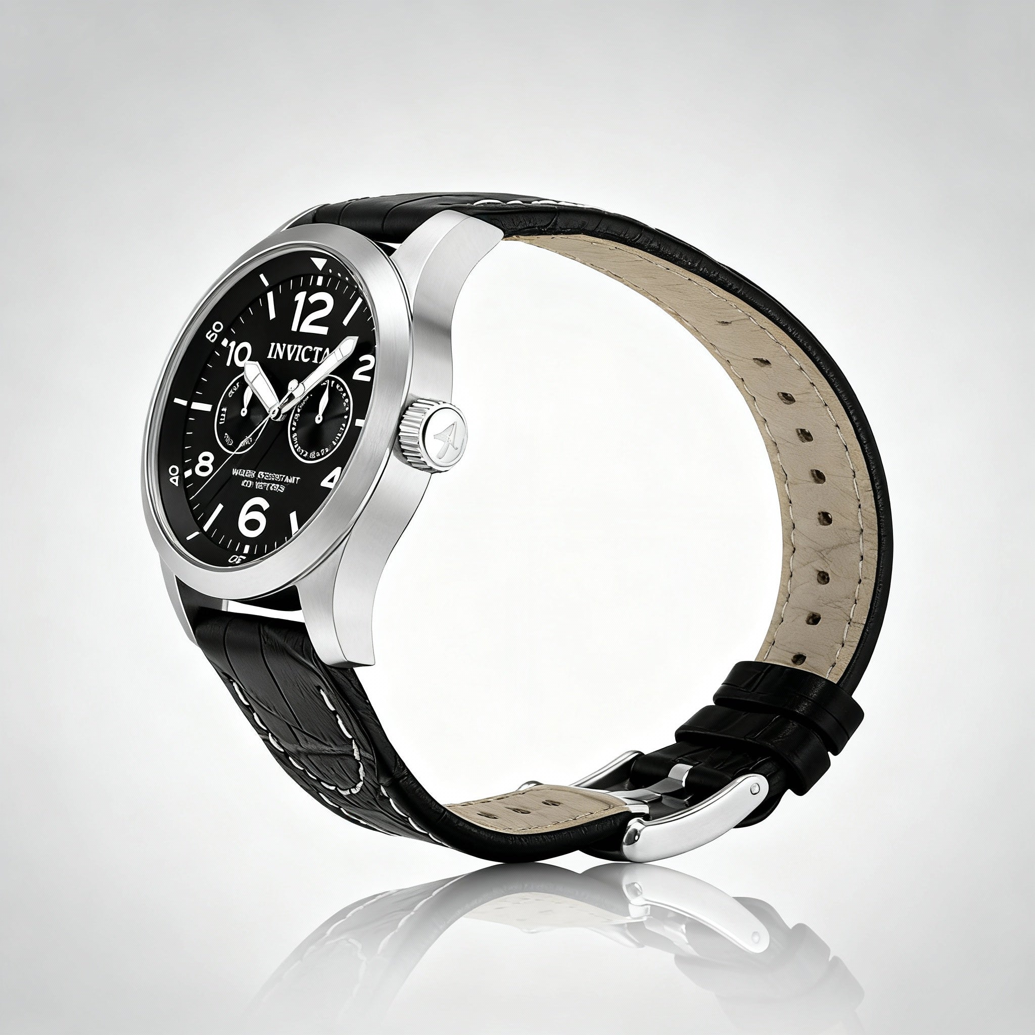 Invicta I Force Military 0764 Men's Black Dial Luminous Quartz Stainless Steel Leather Watch 48mm