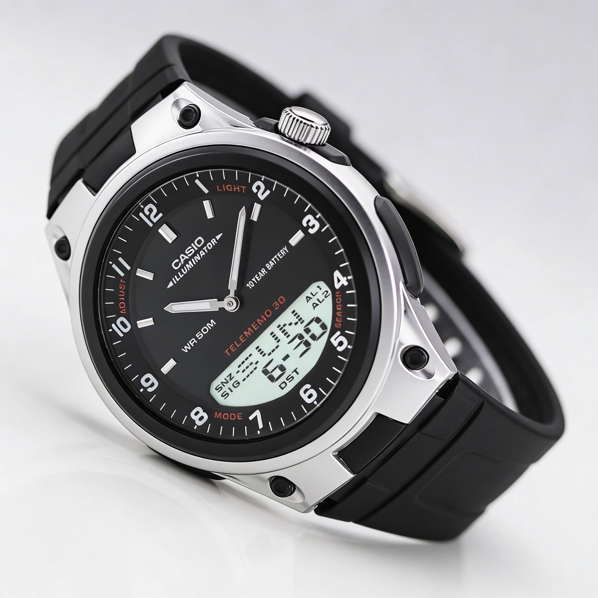 Casio AW-80-1AV Men's Black Casual Analog Digital World Time Watch with 10-Year Battery, 50m Water Resistant, LED Light