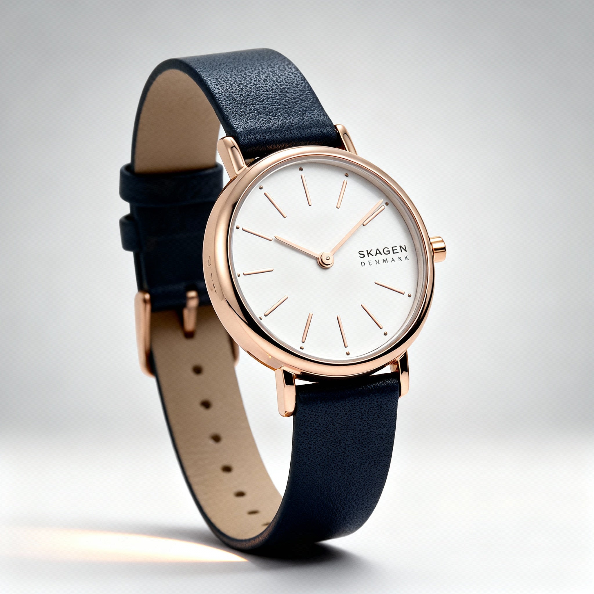 Reloj SKAGEN DENMARK Signatur Lille para mujer, 30 mm, acero inoxidable, oro rosa, cuero azul, esfera blanca