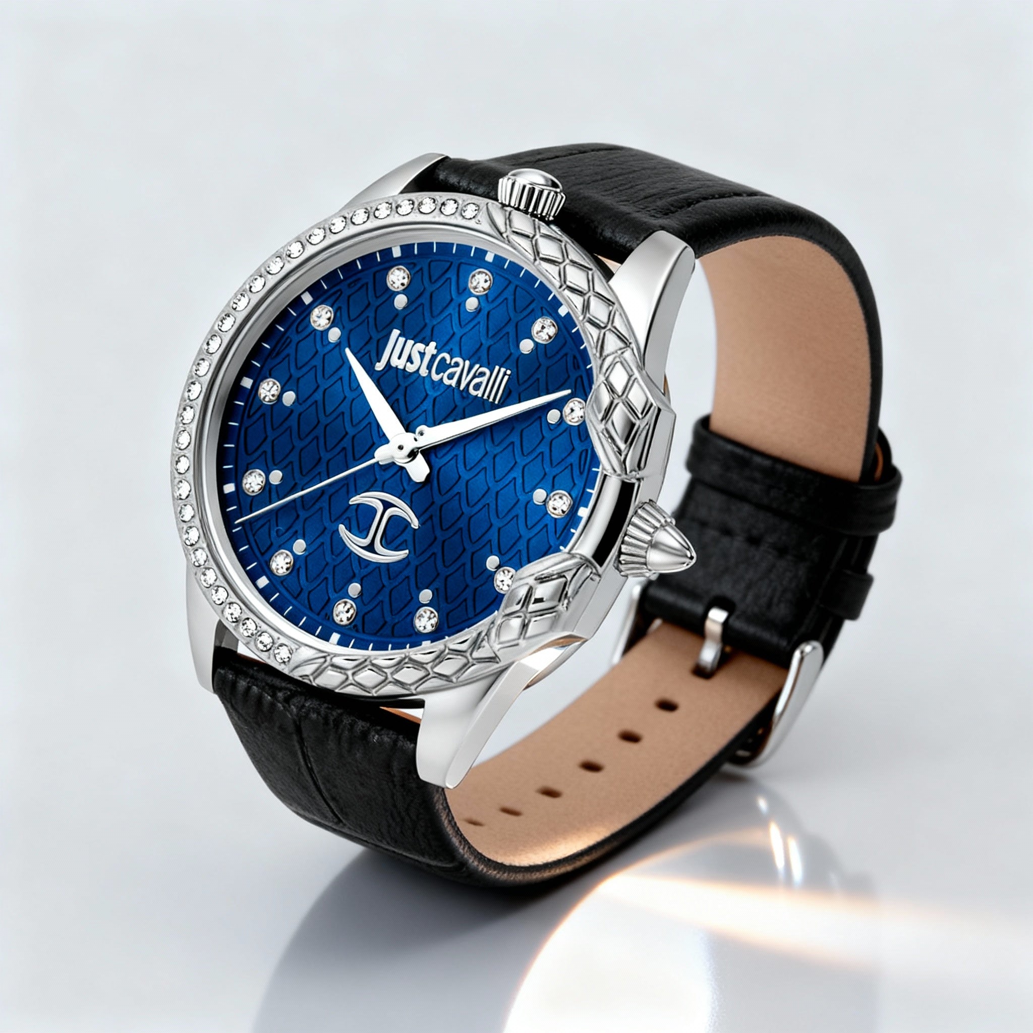 Just Cavalli Fashion Women's Waterproof Silver Stainless Steel Black Leather Strap Watch Blue Dial