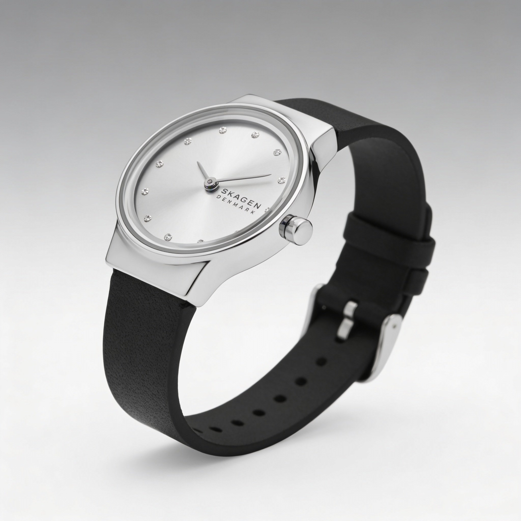 SKAGEN DENMARK Freja Lille Women's 26mm Silver Sunray Dial Black Leather Strap Scratch-Resistant Watch