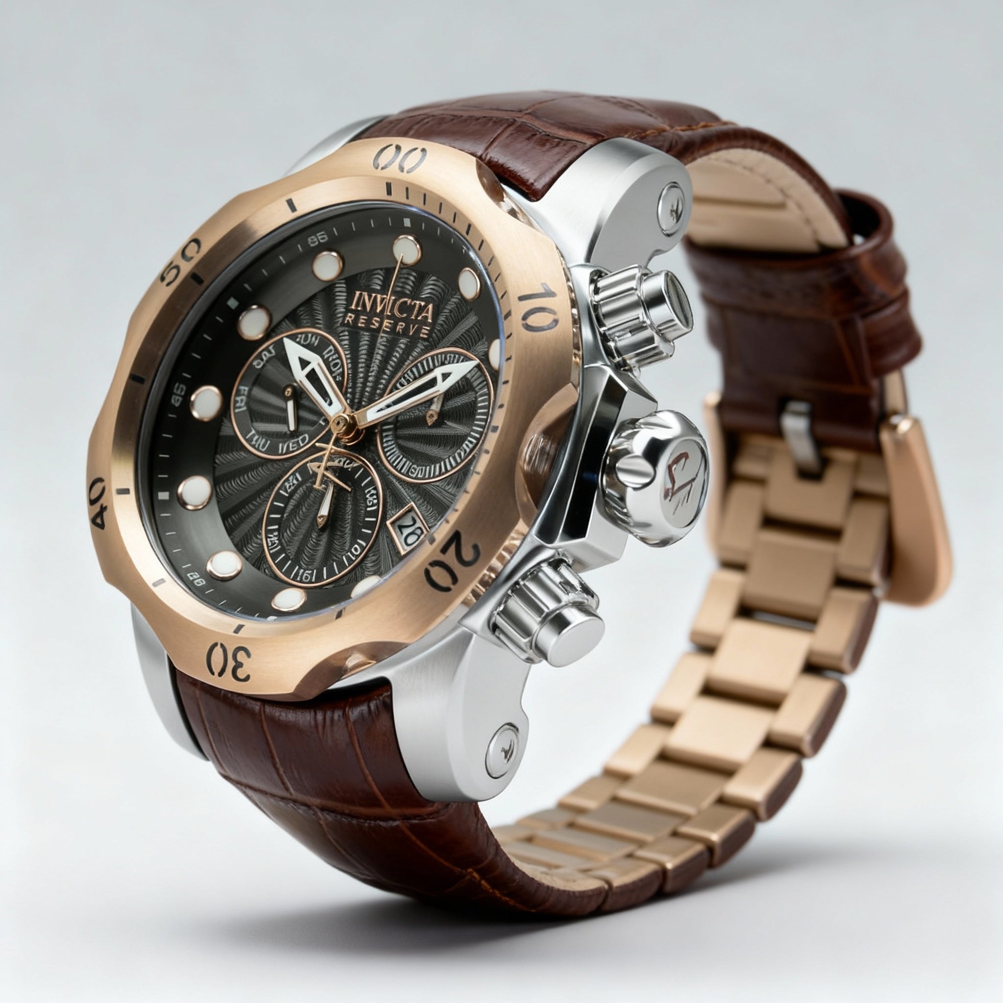 Invicta Reserve Venom 32958 Unisex 54mm Silver Stainless Steel Quartz Watch, Gunmetal Dial, Leather Band, Stopwatch