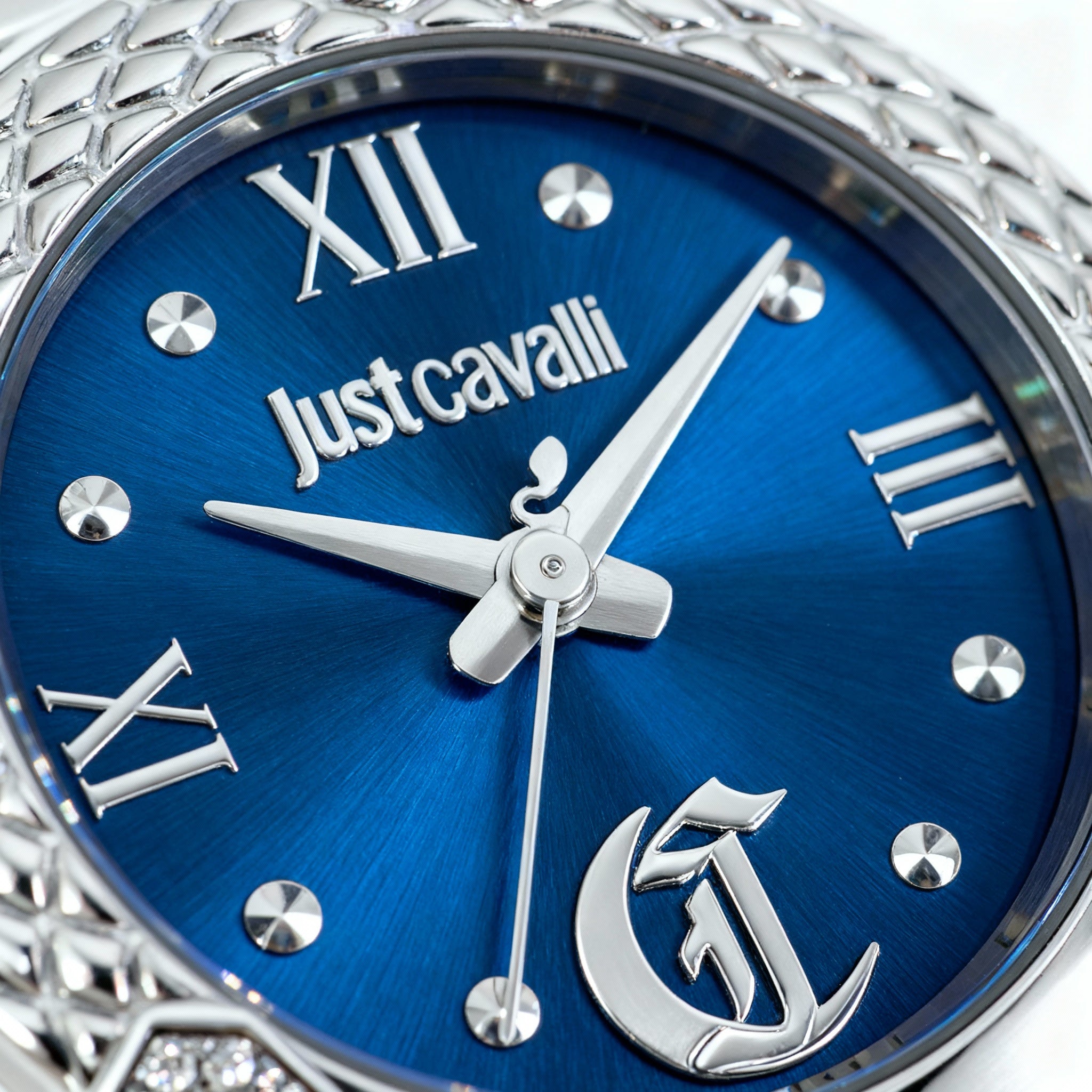 Just Cavalli Fashion Women's Round Silver Stainless Steel Case Midnight Blue Leather Quartz Watch 30mm Mineral Glass