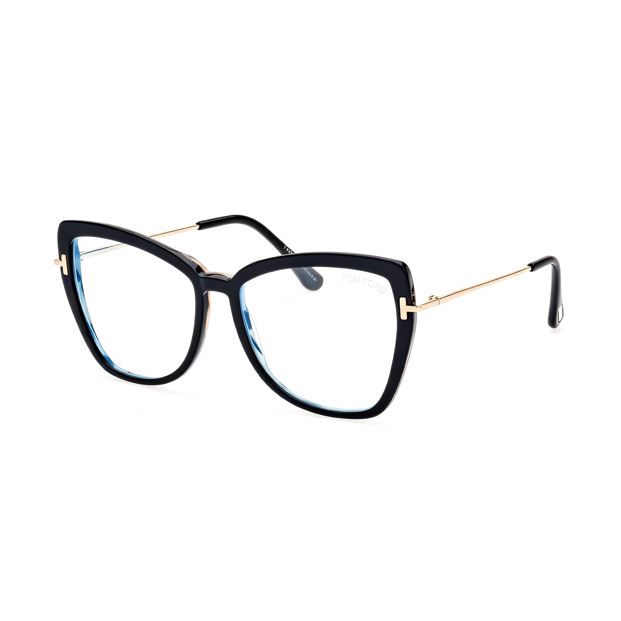 Tom Ford FT5882-B Women's Full Rim Cat Eye Shiny Black Pale Gold Plastic Blue-Light Block Eyeglasses 55mm
