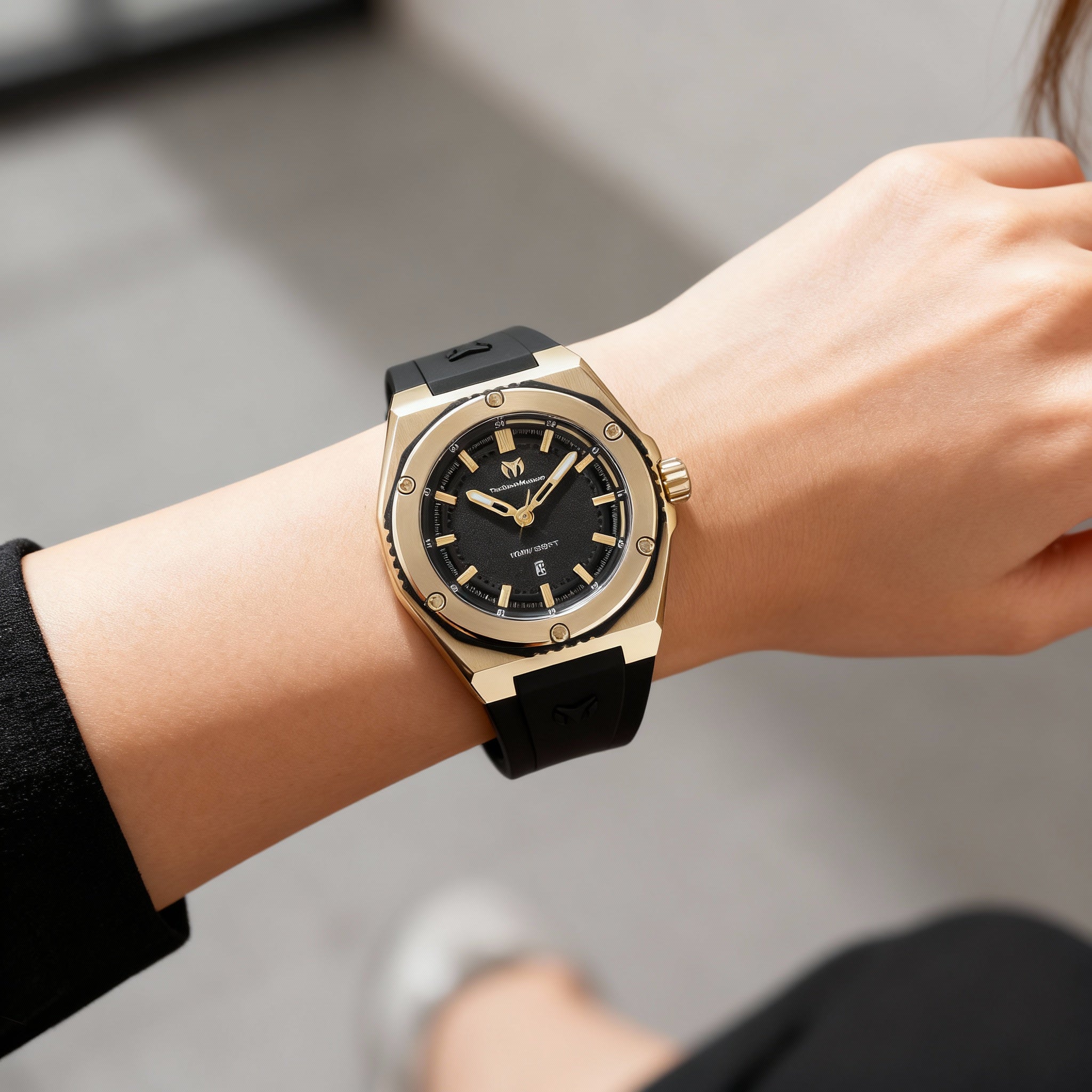 TechnoMarine CORAL - Legacy TM-416056 Women's Gold-tone Stainless Steel 36mm Quartz Watch with Black Dial & Silicone Strap