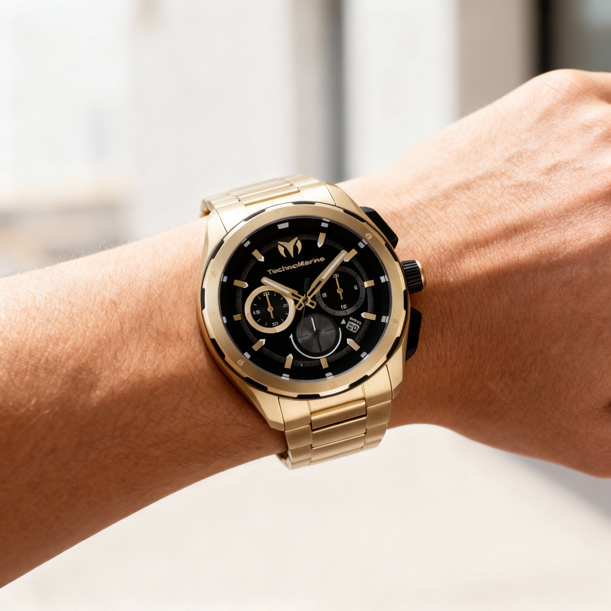 TechnoMarine OCEAN - NOMAD TM-318097 Men's 43mm Gold-Tone Stainless Steel Chronograph Quartz Watch, Black Dial, Stainless Steel Bracelet