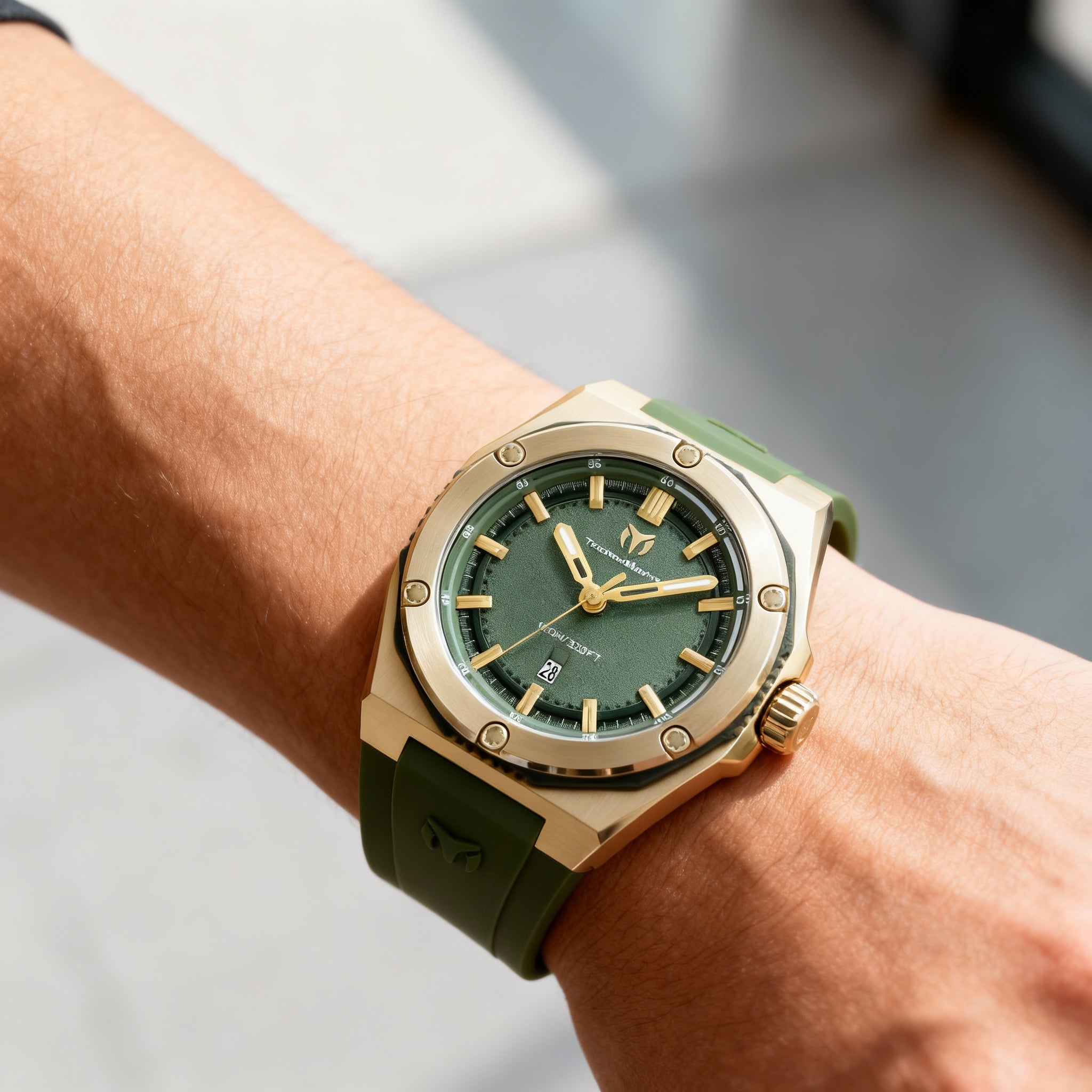 TechnoMarine TM-416070 Coral Unisex Olive Green Dial Gold Tone Plastic Stainless Steel Silicone Band Watch 45mm