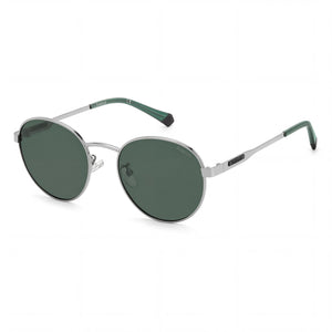 Polaroid Classic Silver Round Sunglasses Unisex, Green lens