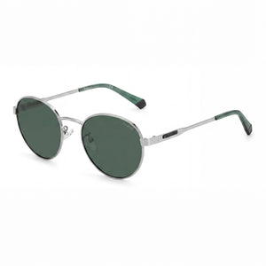 Polaroid Classic Silver Round Sunglasses Unisex, Green lens