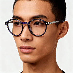 Police VPLG27 Round Eyeglasses Unisex — side view, Violet Acetate temples