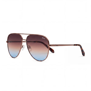 Quay High Key Extra Large Gold Aviator Sunglasses Unisex, Chocolate Brown Blue lens