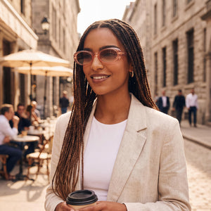 Quay NO-NS-2358-PRSE/SEP Oval Sunglasses Women — side view, Non-Polarized Sepia lens
