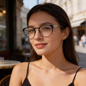Rag & Bone RNB 7005 Round Eyeglasses Unisex — side view, Black Titanium temples