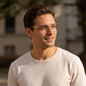 Rag & Bone RNB3047 Cat Eye Eyeglasses Men — side view, Gold Titanium temples