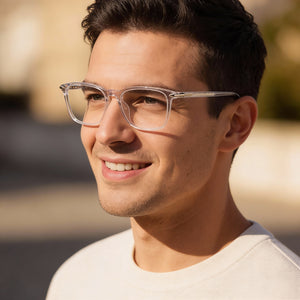 Rag & Bone RNB7016 Rectangle Eyeglasses Men — side view, Transparent Acetate temples