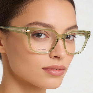 Rag & Bone Casual. Rectangle Eyeglasses Women — side view, Green Acetate temples