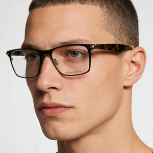 Rag & Bone Rnb 7009 Rectangle Eyeglasses Men — side view, Black Metal temples