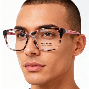 Skechers Square Eyeglasses Men — side view, Havana Plastic temples