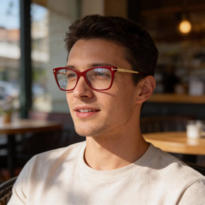 Tom Ford FT5353 Rectangle Eyeglasses Men — side view, Red Plastic temples