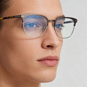 Tom Ford Ft5799-b Square Eyeglasses Unisex — side view, Havana Metal temples