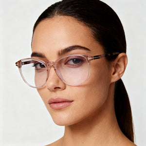 Tom Ford FT5810-B Oval Eyeglasses Women — side view, Beige Plastic temples