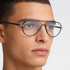 Tom Ford FT5897-B Aviator Eyeglasses Men — side view, Havana Metal temples