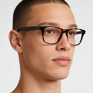Tommy Hilfiger Rectangle Eyeglasses Men — side view, Havana Acetate temples
