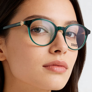 Tous Casual Round Eyeglasses Women — side view, Green Acetate temples