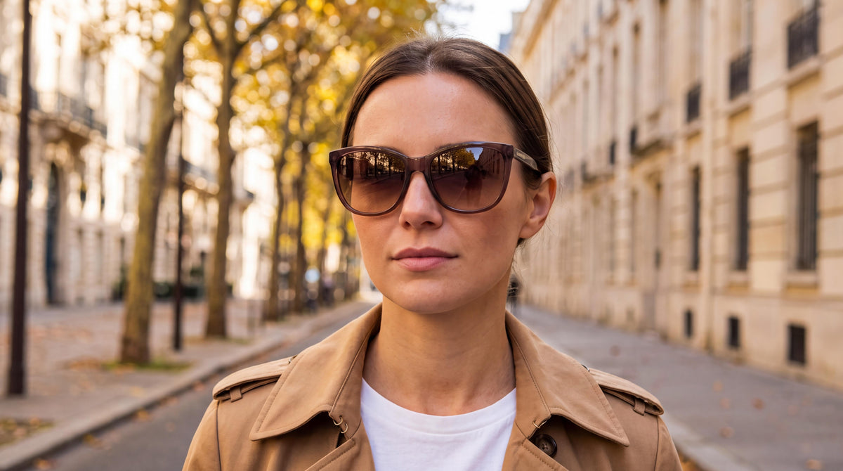 A woman wearing womens calvin klein brown cat eye sunglasses, camel trench coat, on an autumn city boulevard with golden trees.
